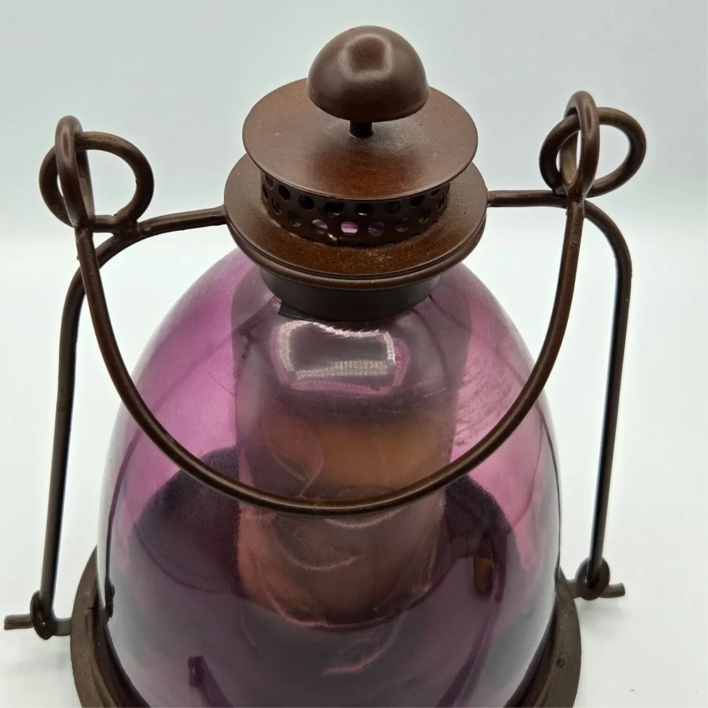 Salvage Purple Rustic Hanging Candle Lantern Glass Barn Farmhouse Made‎ in India